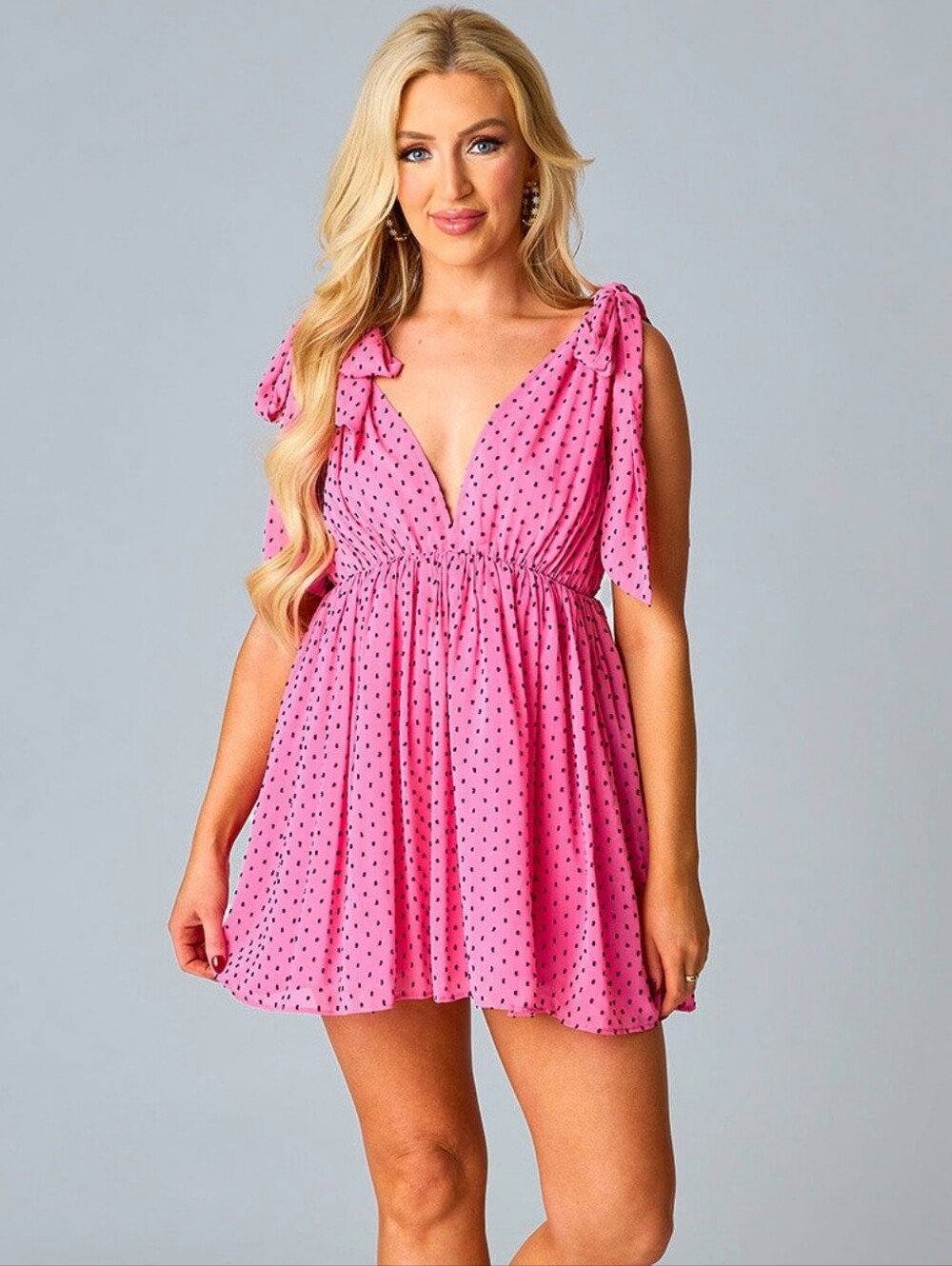 Buddy Love Melanie tie-shoulder mini dress pink black polka dot babydoll medium